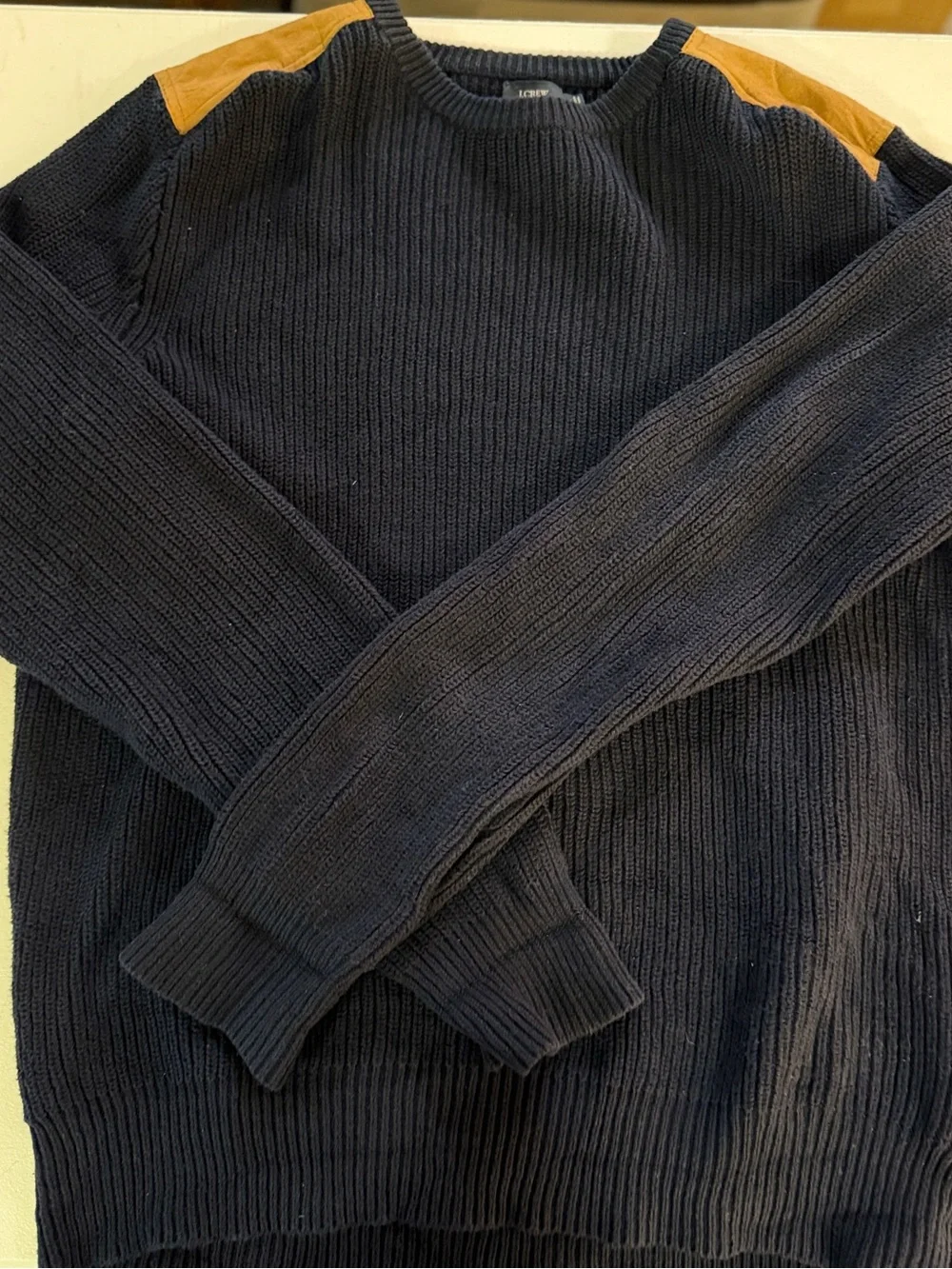 J. Crew Men's Navy Ribbed Crewneck Sweater with Brown Shouder Patches